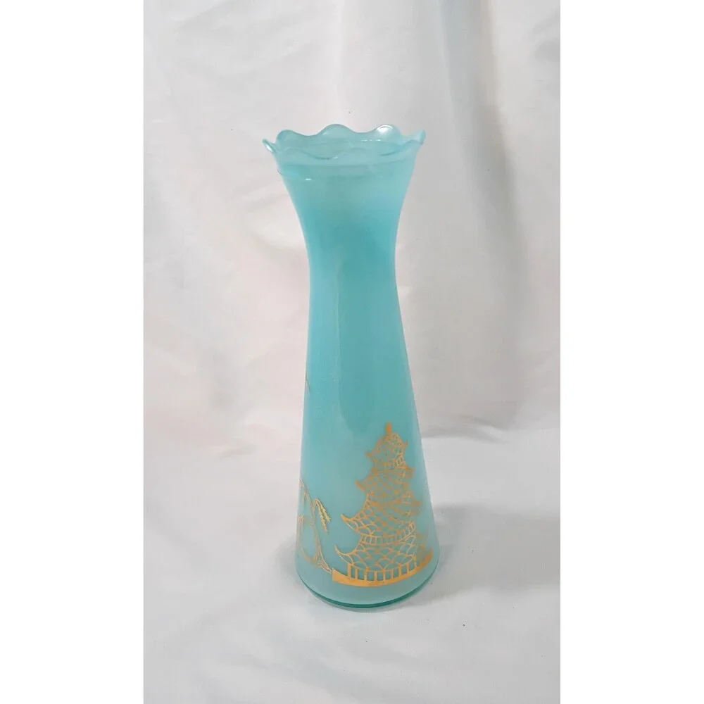 Vintage Asian Aqua Blue Vase with Gold Paint by Bartlett Collins